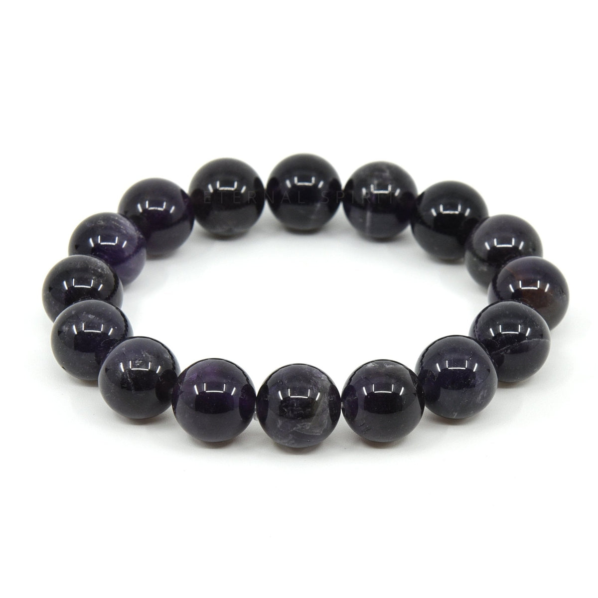 polished Amethyst 12mm round bead bracelet on white background — Eternal Spirit