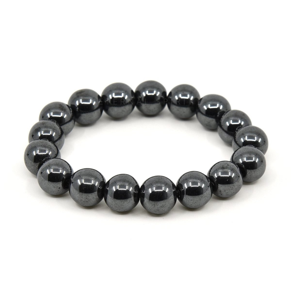 polished Hematite 12mm round bead bracelet on white background — Eternal Spirit