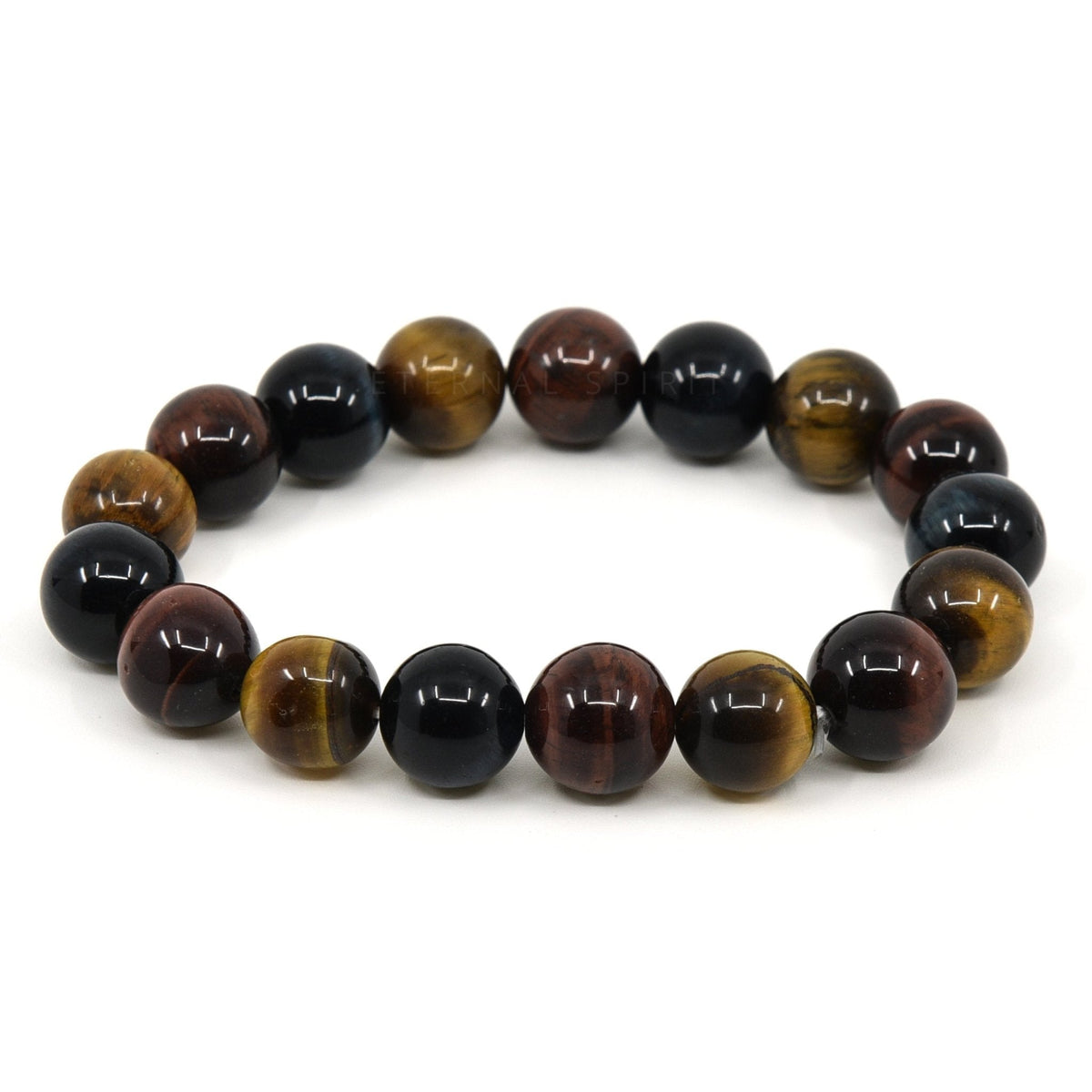 polished Tiger Eye (Combination) 12mm round bead bracelet on white background — Eternal Spirit