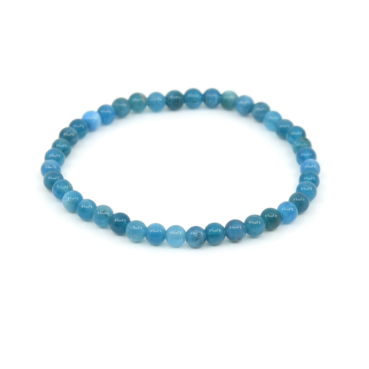 polished Apatite (Blue) 4mm round bead bracelet on white background — Eternal Spirit