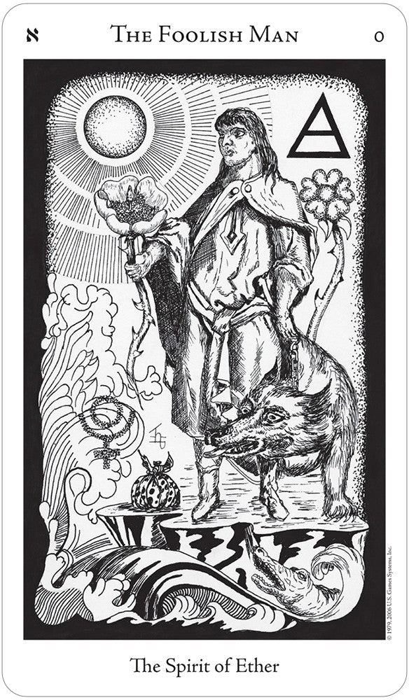 The Foolish Man card with black-and-white alchemical symbolism, Hermetic Tarot — Eternal Spirit