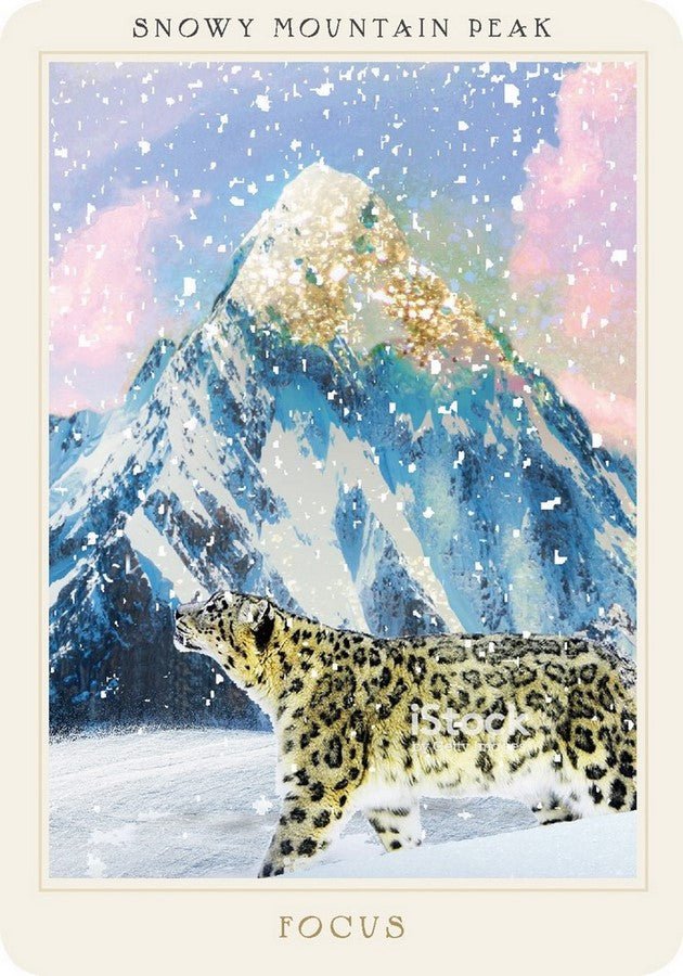 Sacred Destiny Oracle deck, Snowy Mountain Peak Focus card with eagle soaring over misty mountains — Eternal Spirit