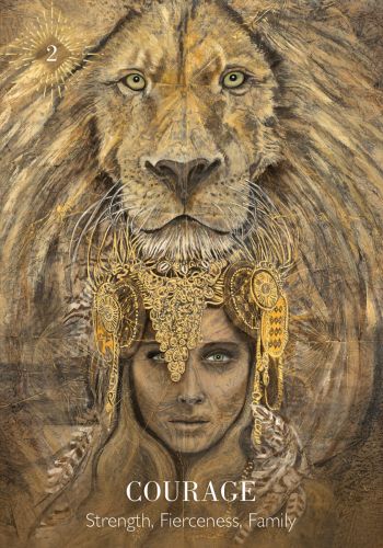 The Priestess of Light Oracle deck, Courage card with golden priestess amid sunlit yellow wildflowers — Eternal Spirit