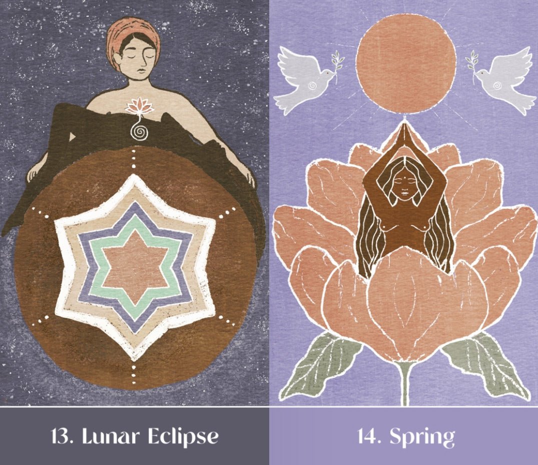 The Sacred Cycles Oracle deck, Lunar Eclipse and Spring cards showing celestial star and moon imagery — Eternal Spirit