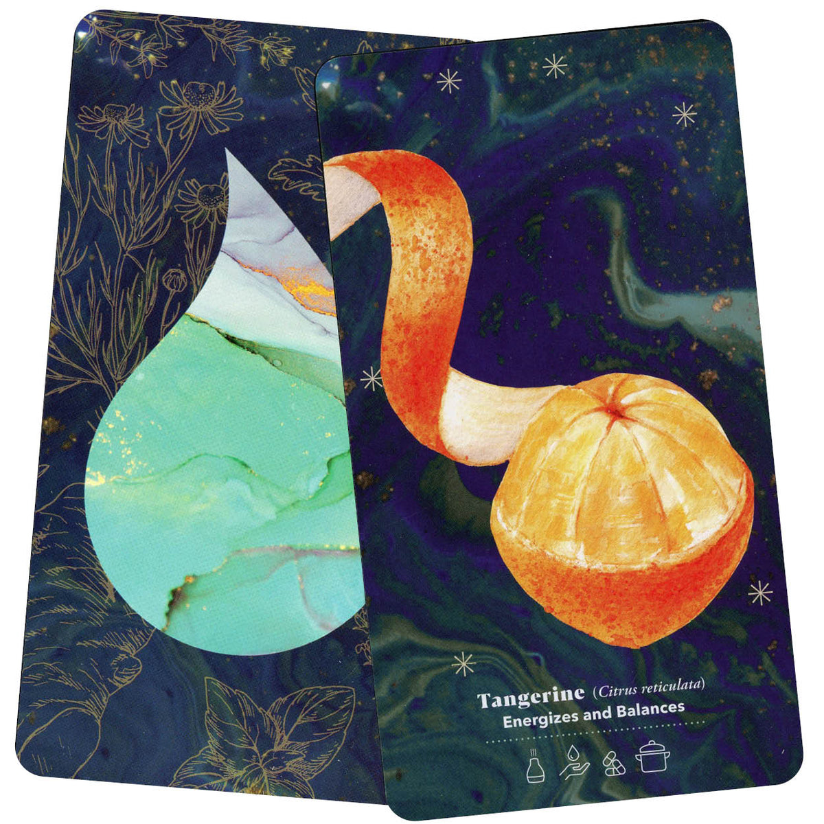 Essential oil bottle and herb cards showing healing plant properties — Eternal Spirit