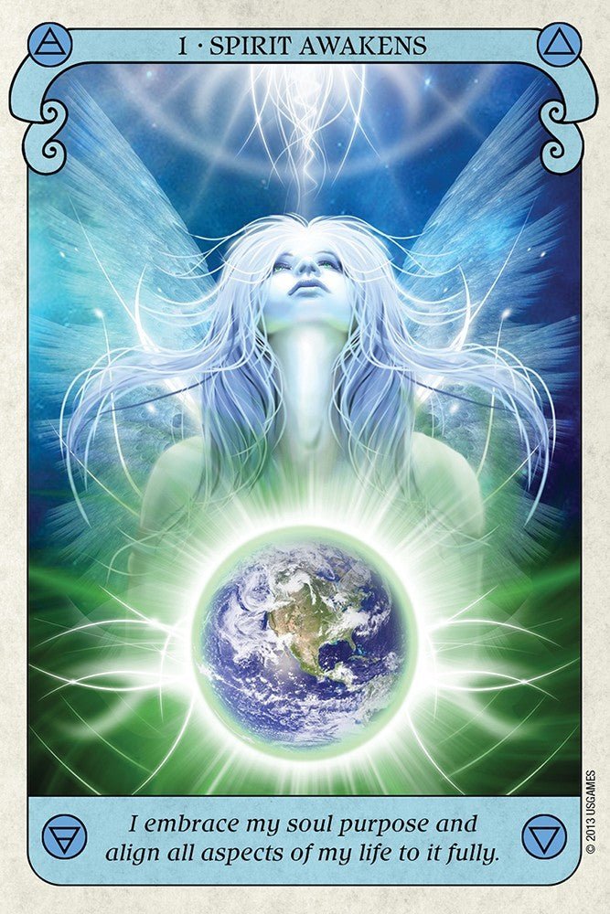 Conscious Spirit Oracle deck, Spirit Awakens card with figure in meditation and cosmic energy swirl — Eternal Spirit