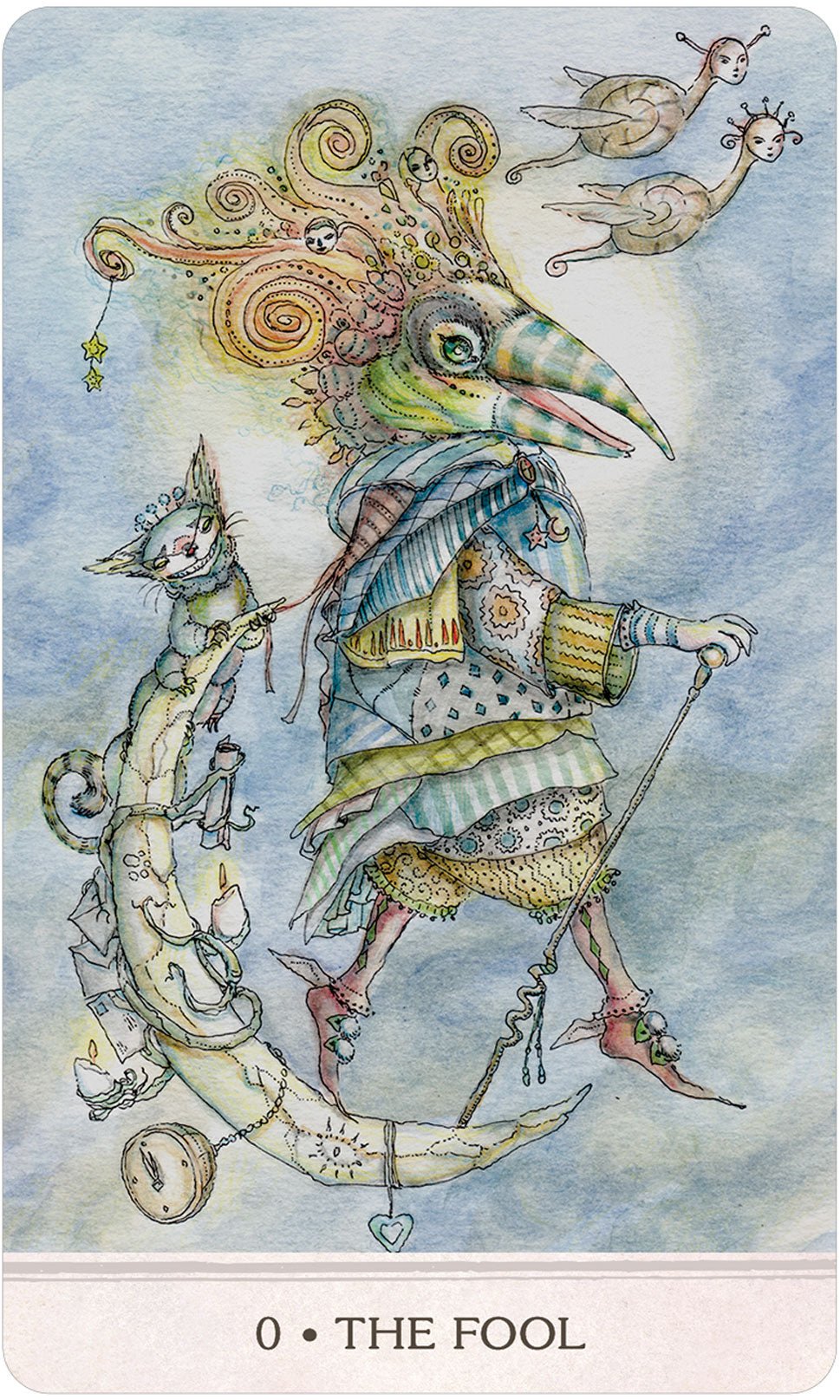 The Fool card with whimsical bird and fantastical creatures, Phantasma Tarot — Eternal Spirit