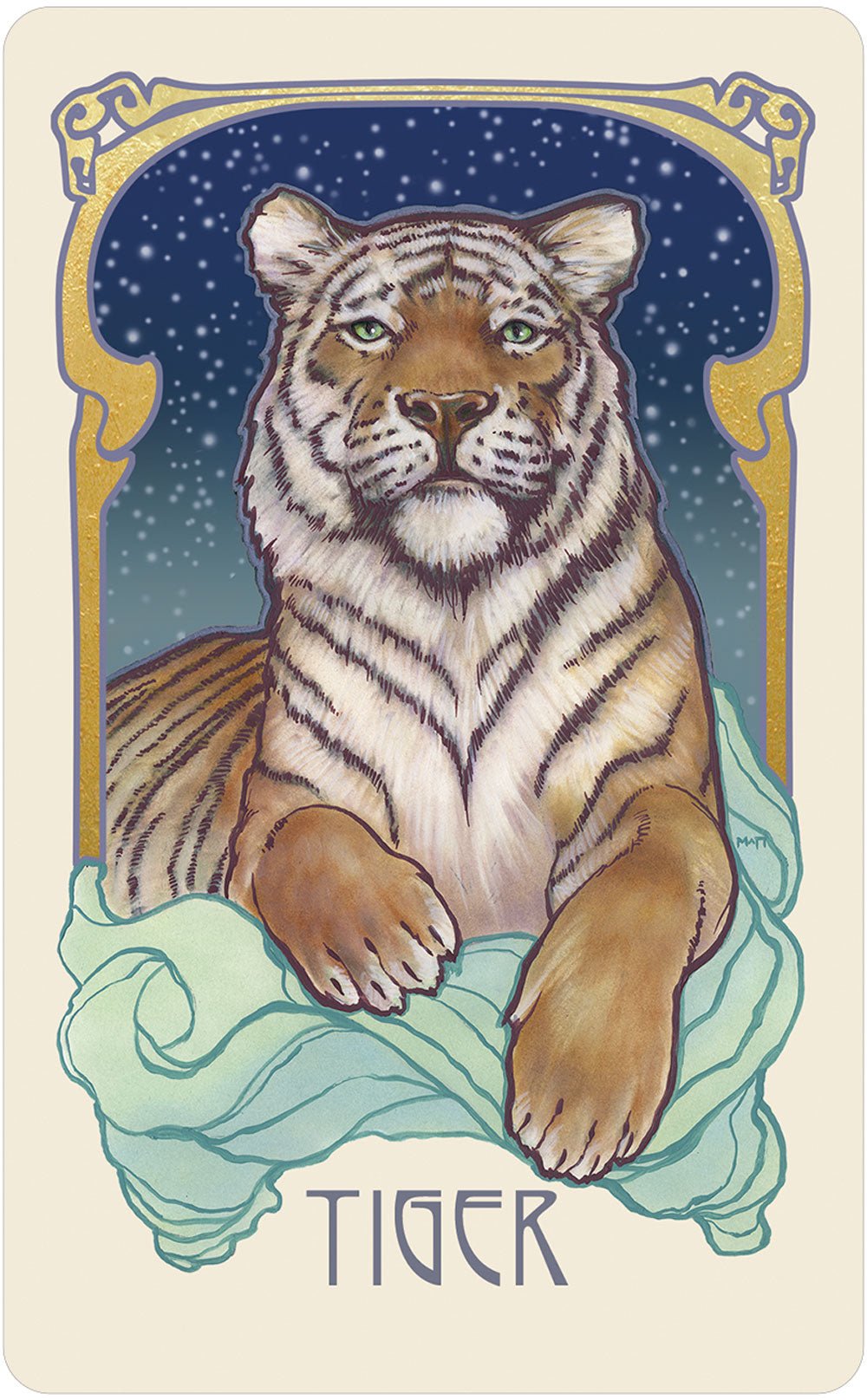Dreamscape Oracle deck, Tiger card with majestic white tiger in mystical moonlit scene — Eternal Spirit