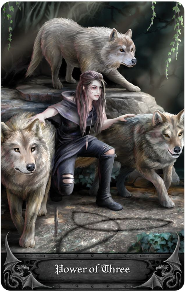 Anne Stokes Gothic Oracle deck, Power of Three card with three wolves in moonlit forest, Gothic Oracle — Eternal Spirit