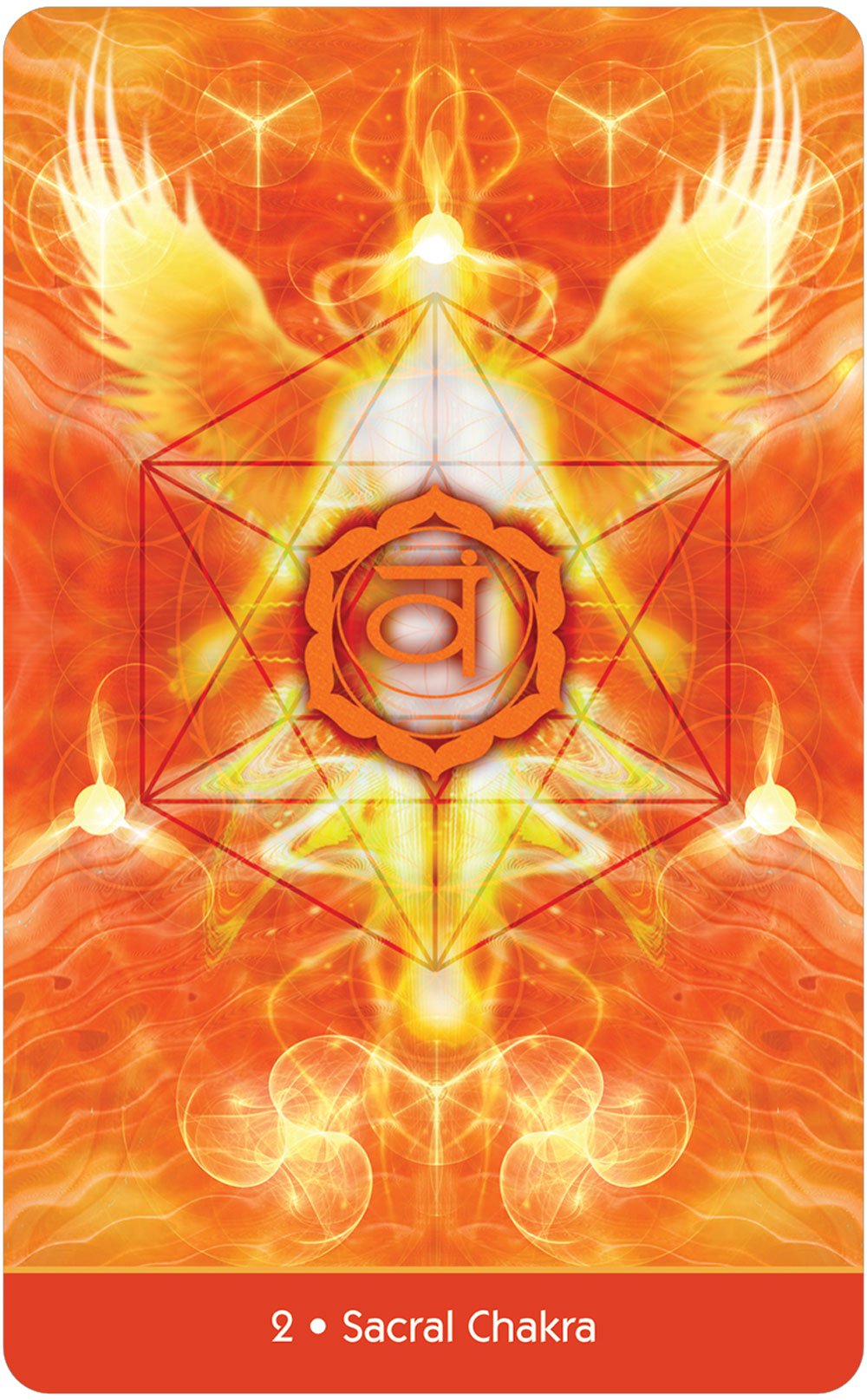 Visions Of The Soul deck, Sacral Chakra card with fiery orange sacred geometry and flame mandala — Eternal Spirit