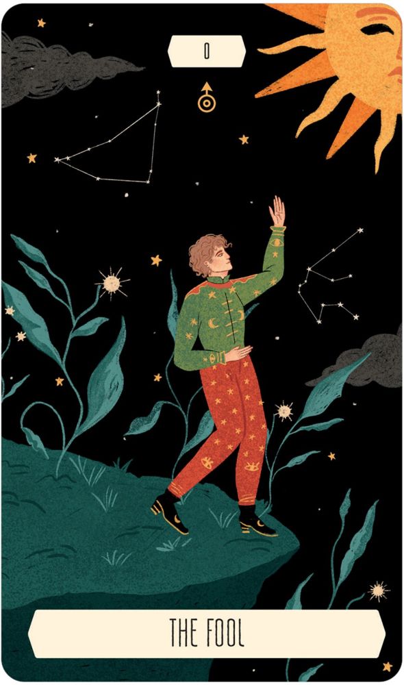The Fool card with orange-haired figure and sun motif, Zodiac Tarot — Eternal Spirit