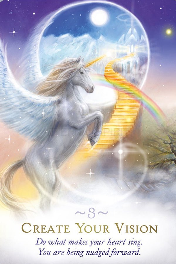 The Magic Of Unicorns deck, Create Your Vision card 3 with unicorn and moonlit fairy scene — Eternal Spirit
