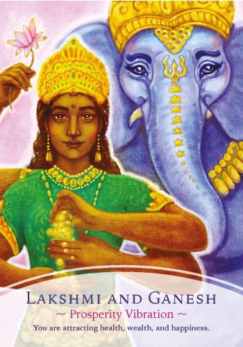 The Divine Masters Oracle deck, Lakshmi and Ganesh Prosperity Vibration card with Hindu deities in gold — Eternal Spirit
