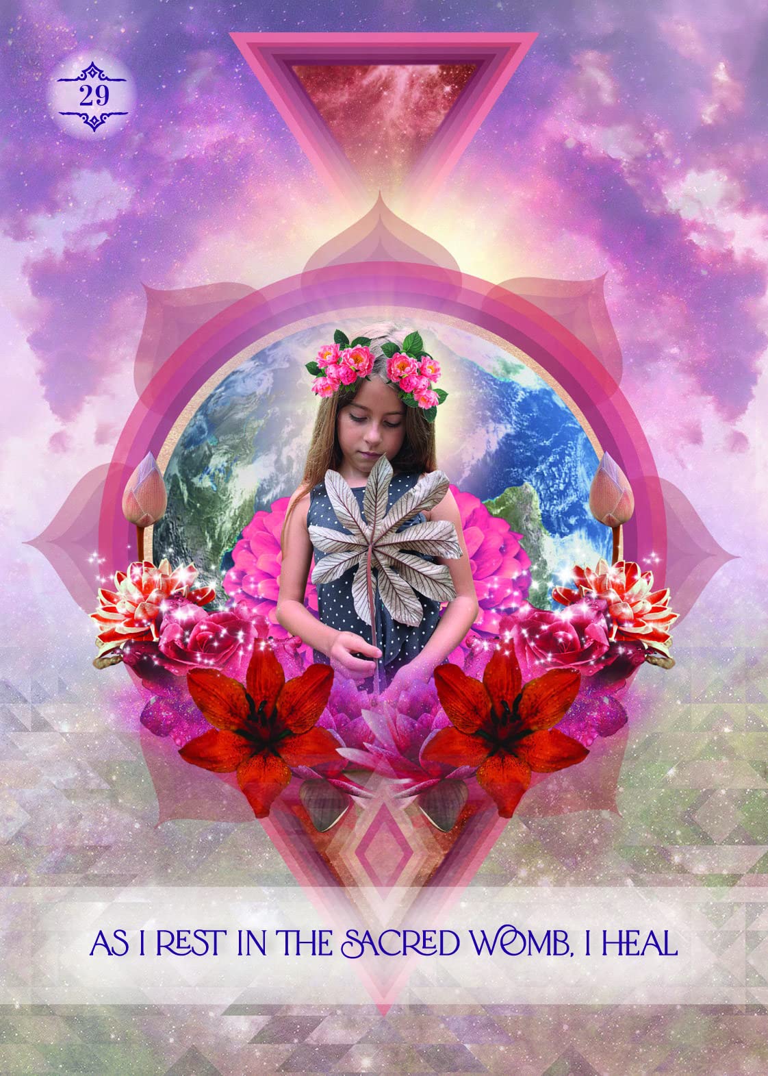 The Law of Positivism Healing Oracle deck, As I Rest In The Sacred Womb I Heal card with cosmic healing — Eternal Spirit