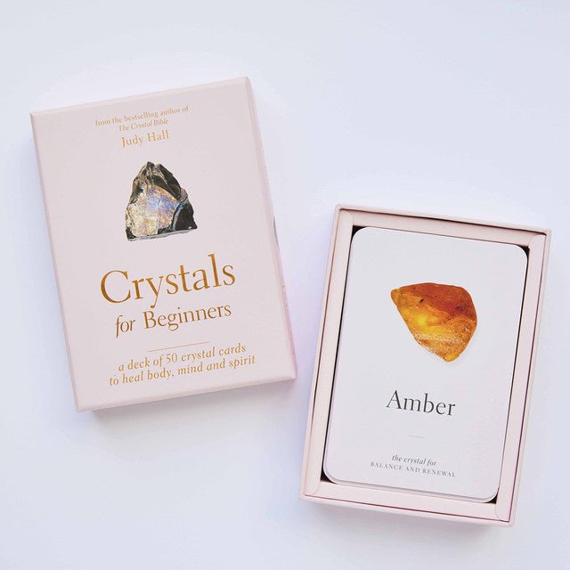 Crystals For Beginners deck, Amber card showing crystal specimen with guidebook on display — Eternal Spirit