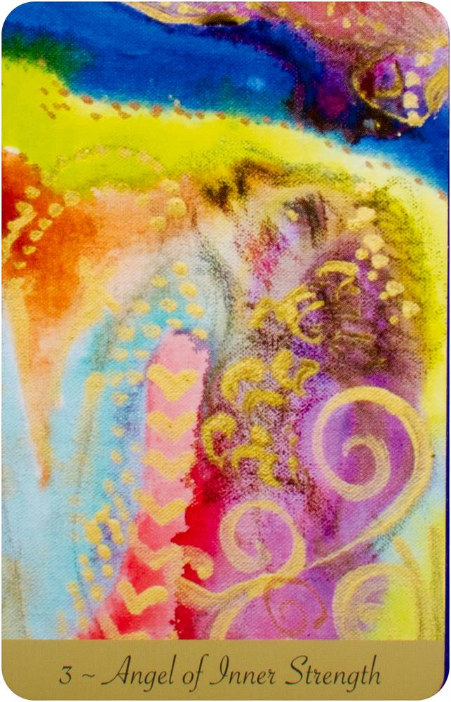 Angels Of Light Oracle deck, Angel of Inner Strength card with watercolour angel in blue and gold hues — Eternal Spirit
