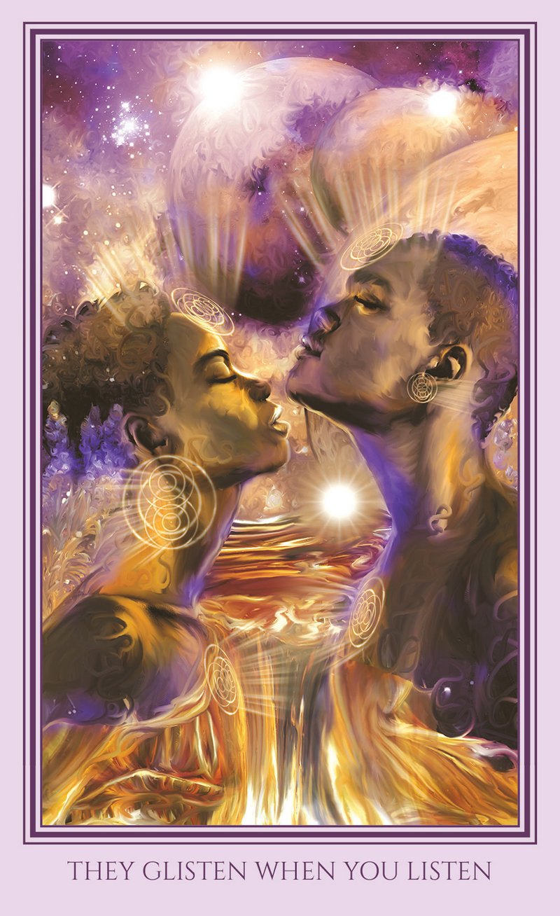 Luminous Humanness Oracle deck, They Glisten When You Listen card with angelic golden figure — Eternal Spirit