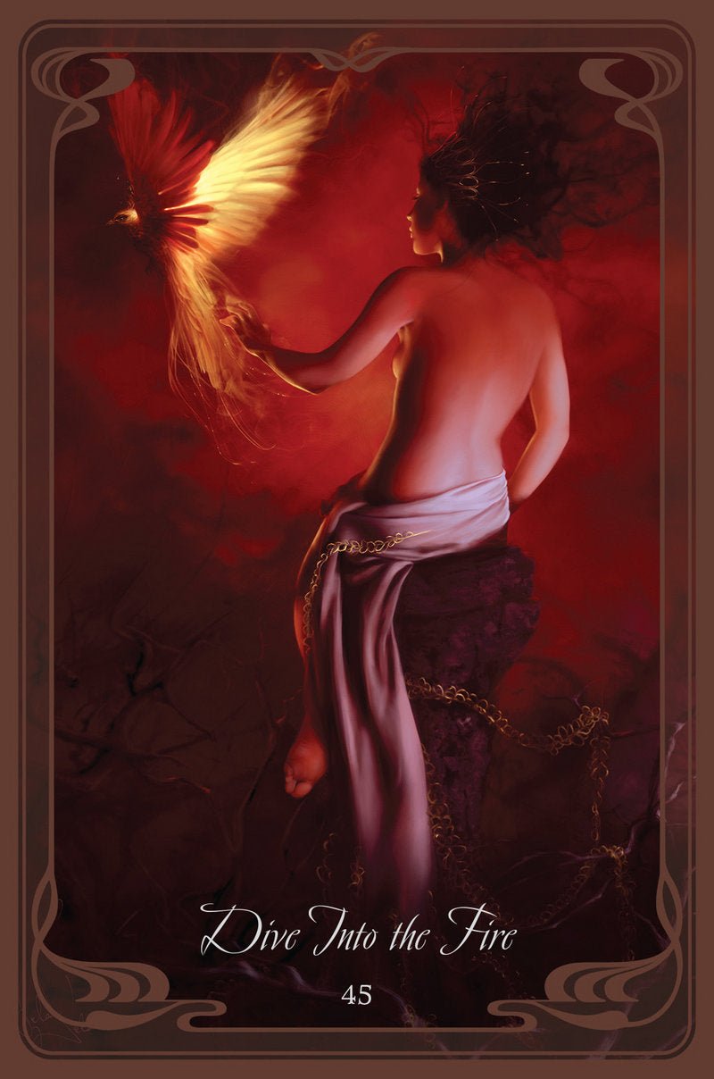 The Queen Mab Oracle deck, Dare Into the Fire card with luminous red-haired woman and flames — Eternal Spirit