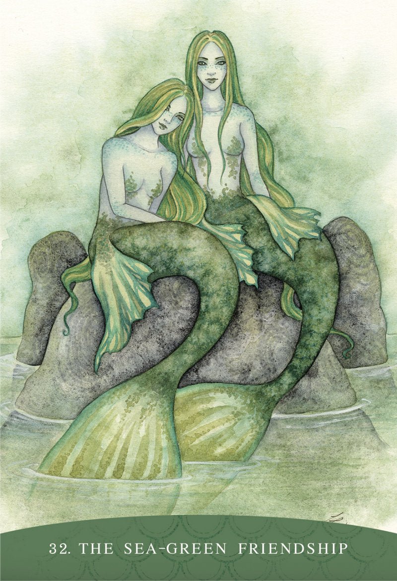 Sisters Of The Sea Oracle deck, The Sea-Green Friendship card with mermaids swimming in ocean depths — Eternal Spirit