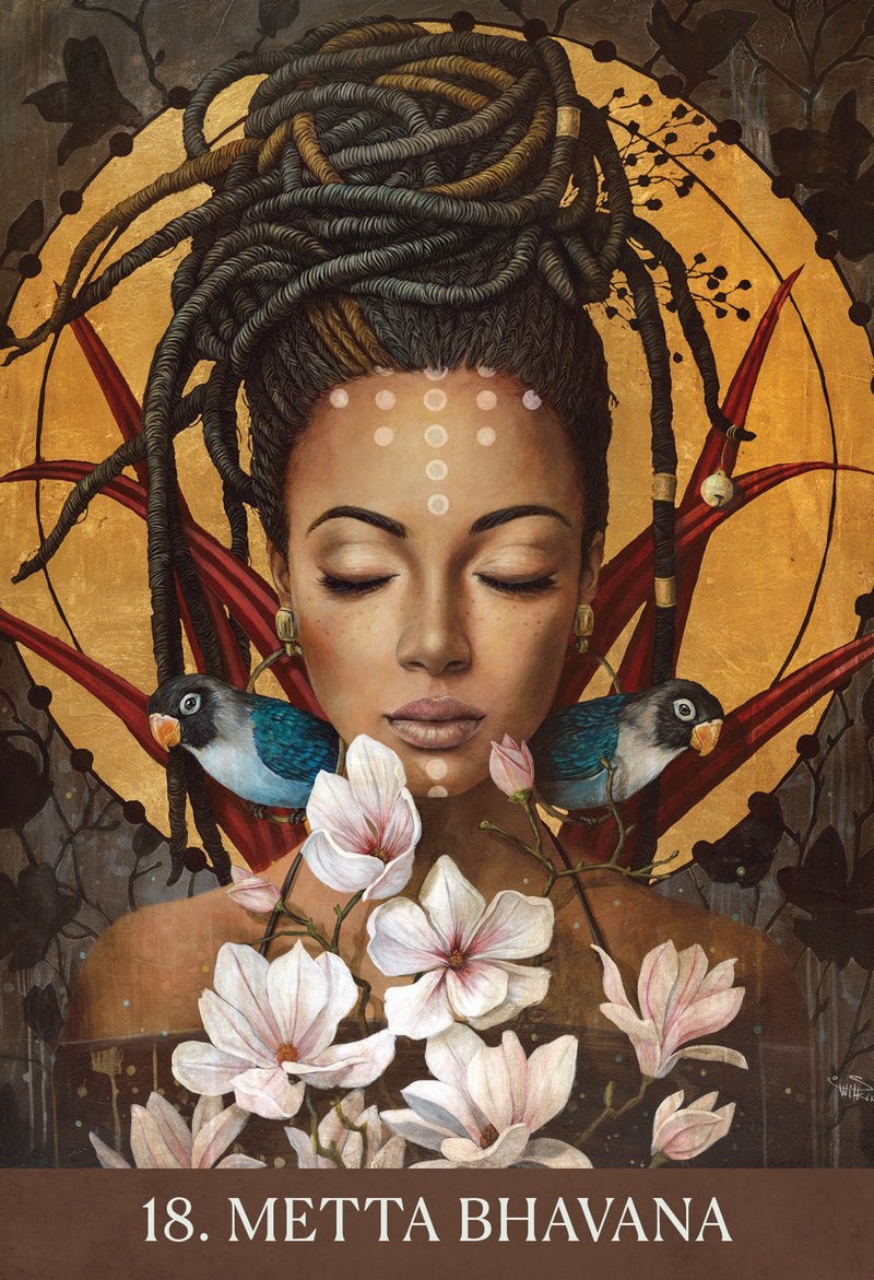Medicine Heart Oracle deck, Card titled Metta Bhavana showing meditating figure with red ornate border — Eternal Spirit