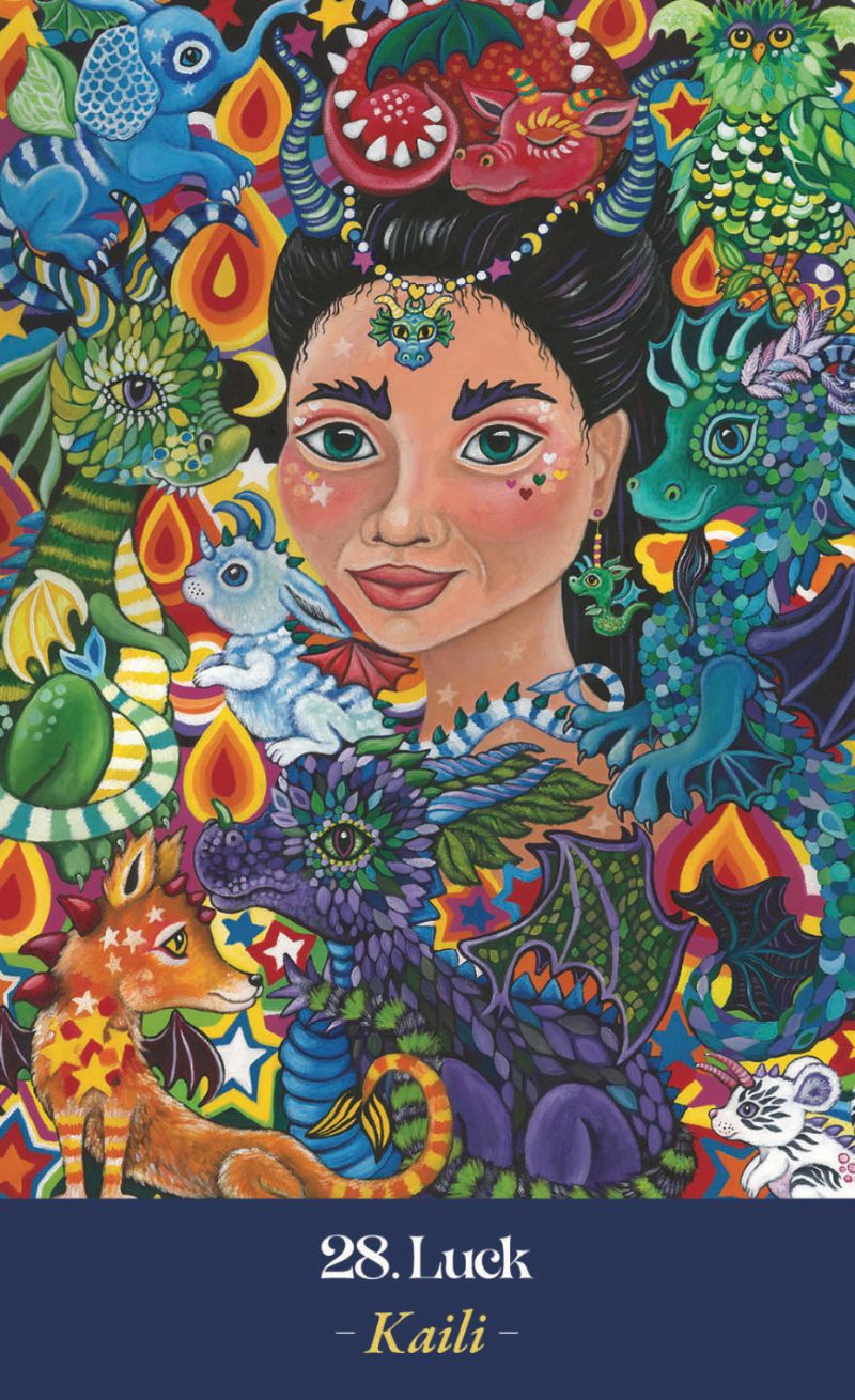 Earth Mothers Oracle deck, Luck card number 28 with fairy-tale illustration by Kaili in warm tones — Eternal Spirit