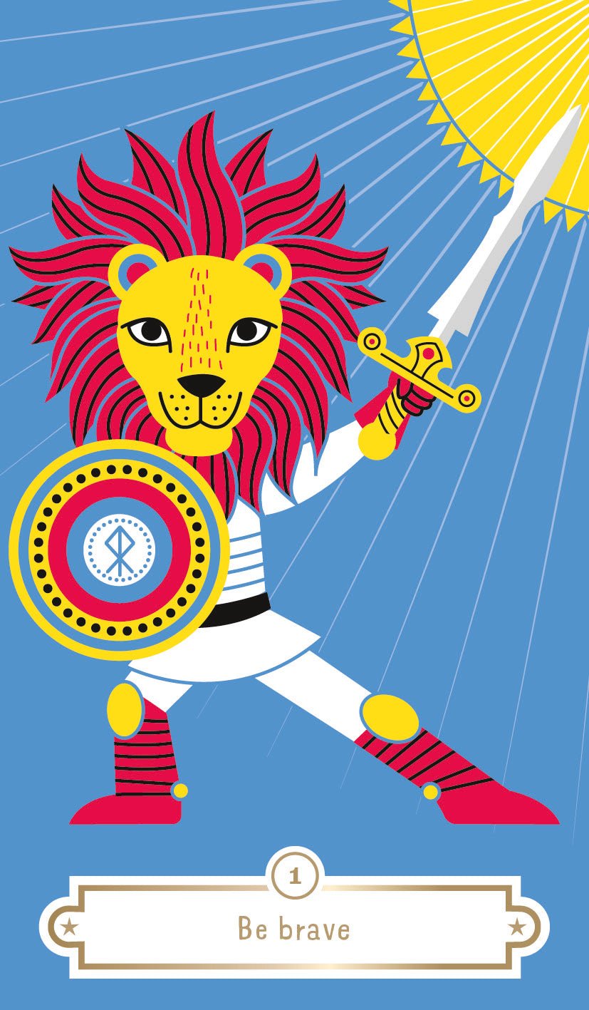 My First Magic Oracle deck, Be Brave card with colourful lion, marching band character and rainbow — Eternal Spirit
