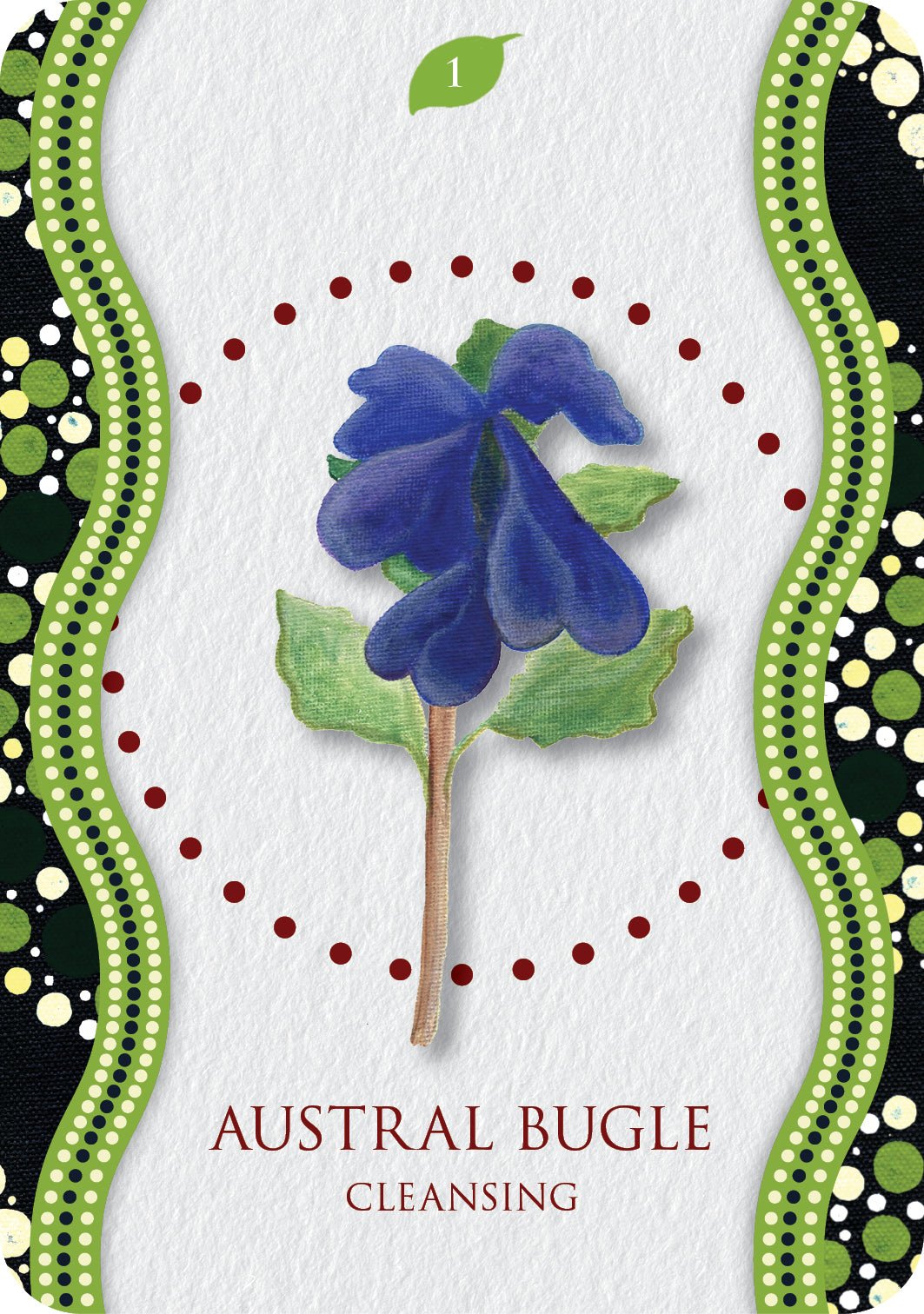 Aboriginal Healing Oracle 1 deck, Austral Bugle Cleansing card with blue flower and green vine dot-art — Eternal Spirit