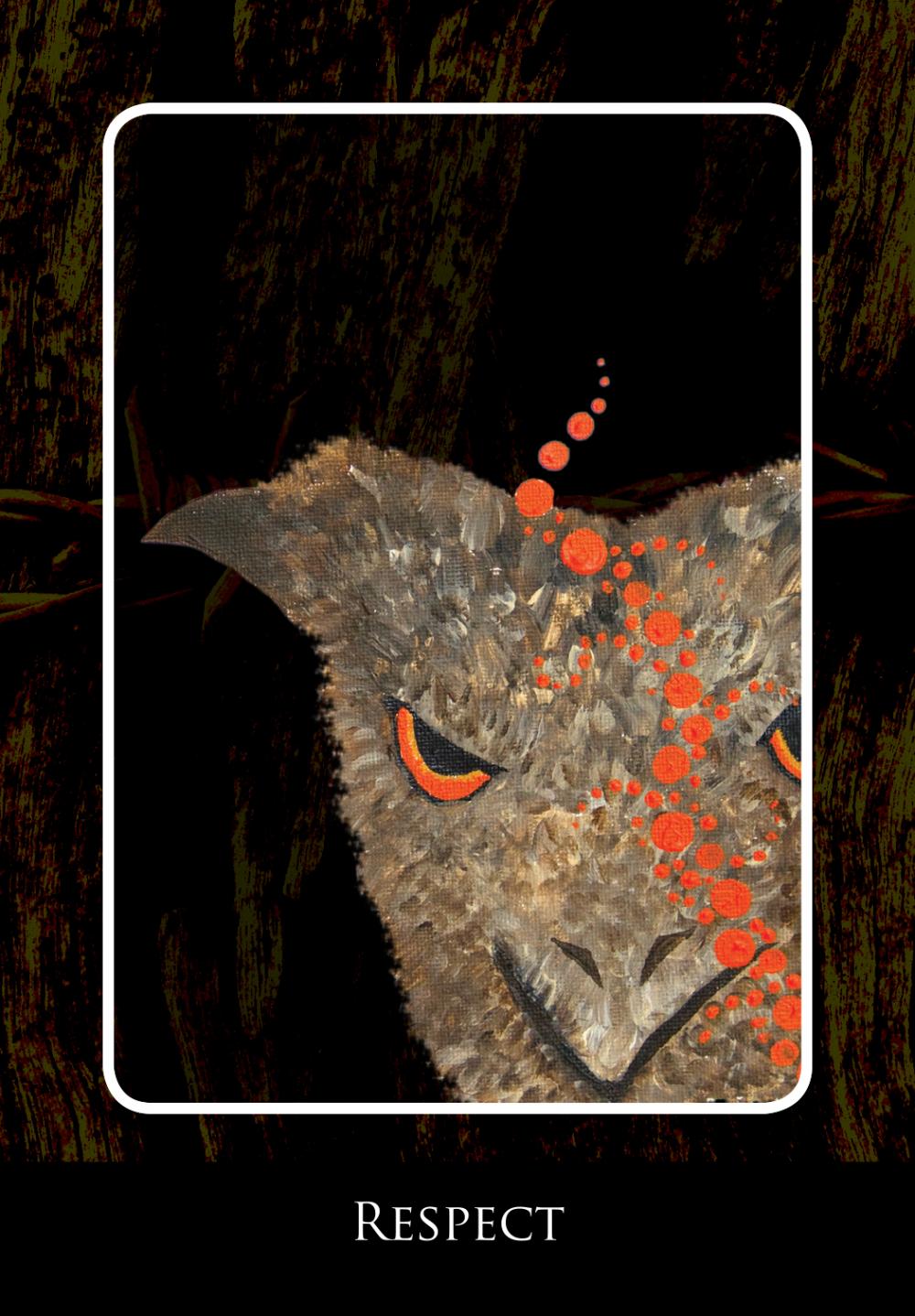 Aboriginal Dreamtime Oracle deck, Respect card with possum in bush setting and Aboriginal dot-art border — Eternal Spirit
