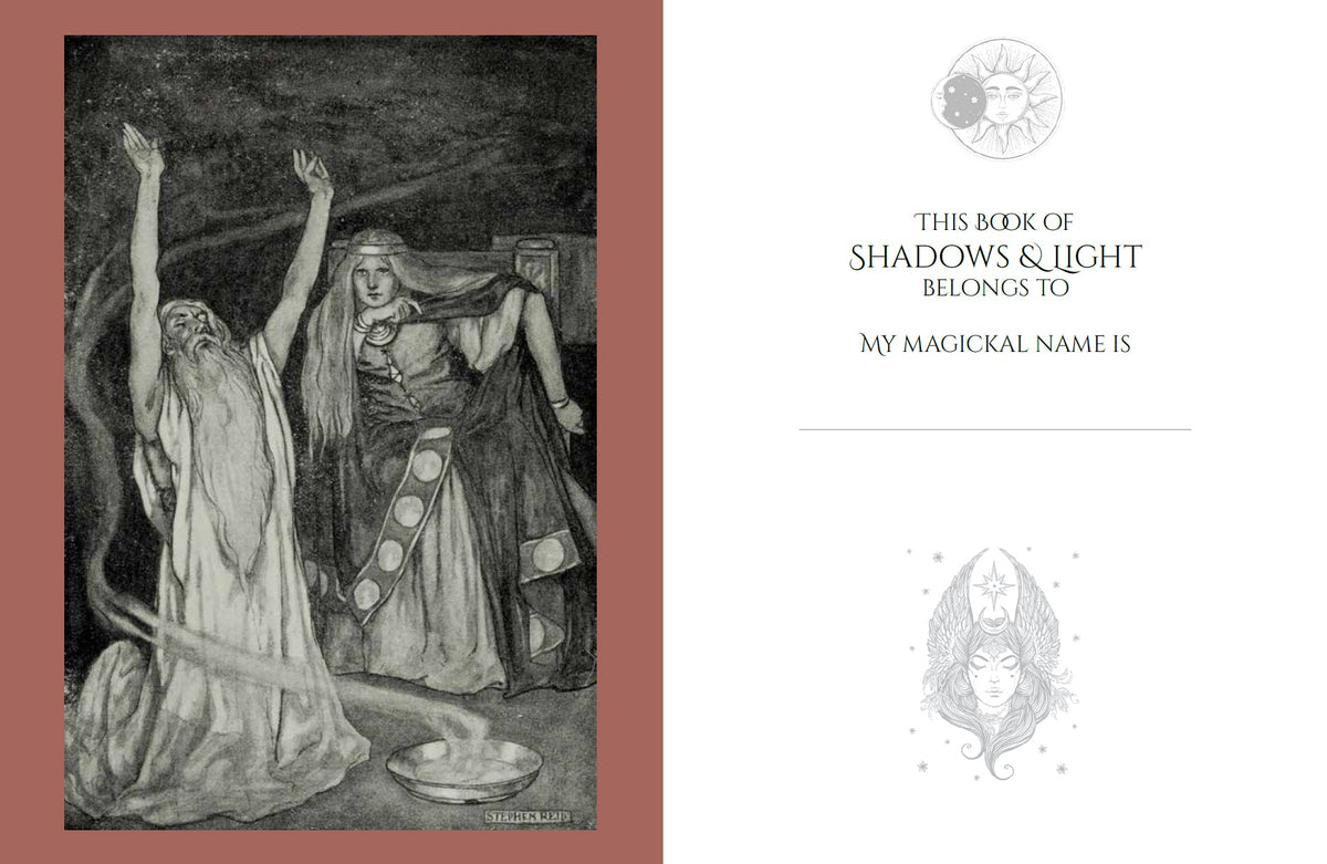 Interior pages of Book of Shadows and Light Journal with mystical illustration — Eternal Spirit