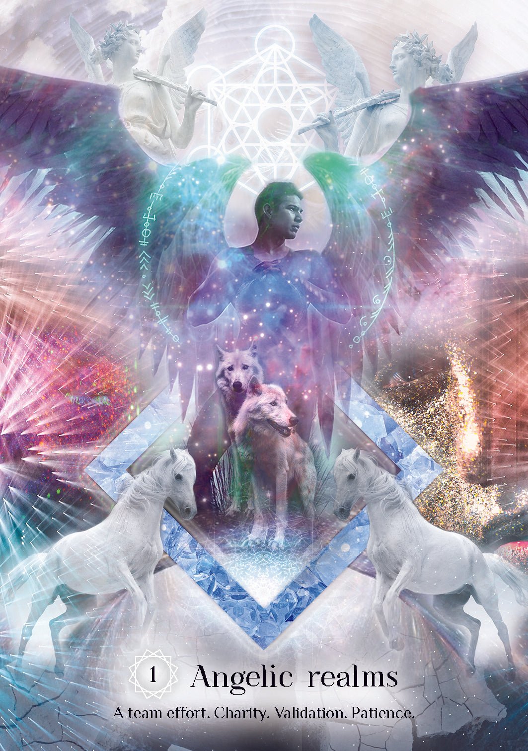 Sacred Light Oracle deck, Angelic Realms card with luminous angel wings and ethereal light — Eternal Spirit