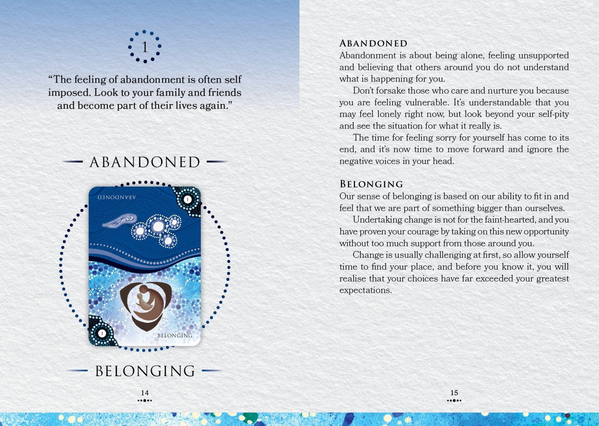 Guidebook page from Aboriginal Ancestral Wisdom showing Abandoned and Belonging cards — Eternal Spirit