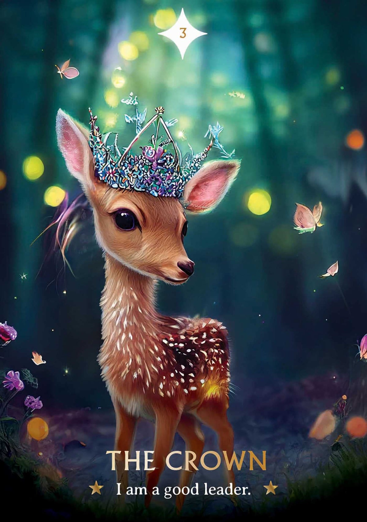 Wishcraft Oracle deck, The Crown card with deer fawn wearing golden crown in forest — Eternal Spirit