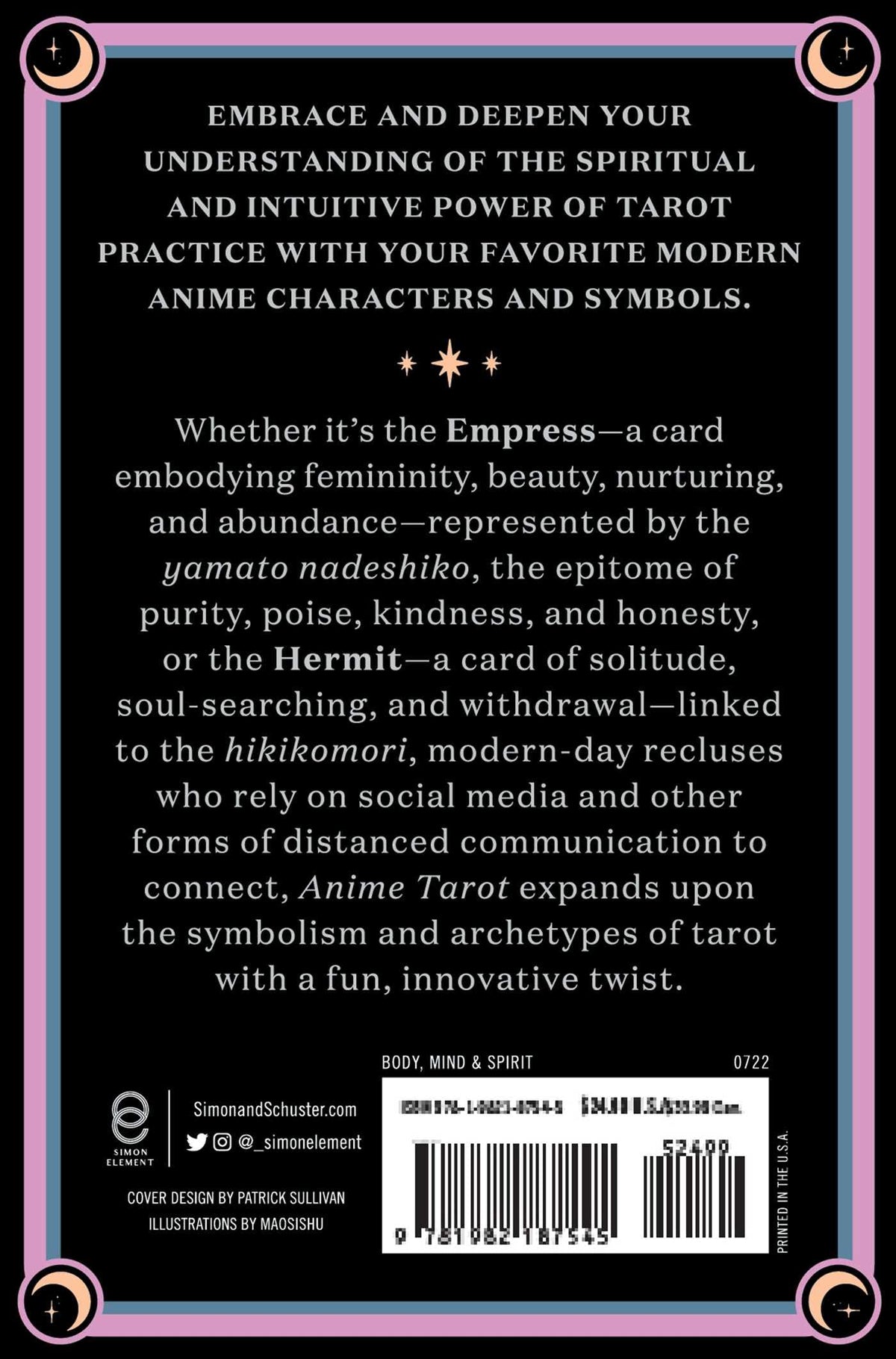 Back of Anime Tarot box describing anime-inspired tarot symbolism and characters — Eternal Spirit