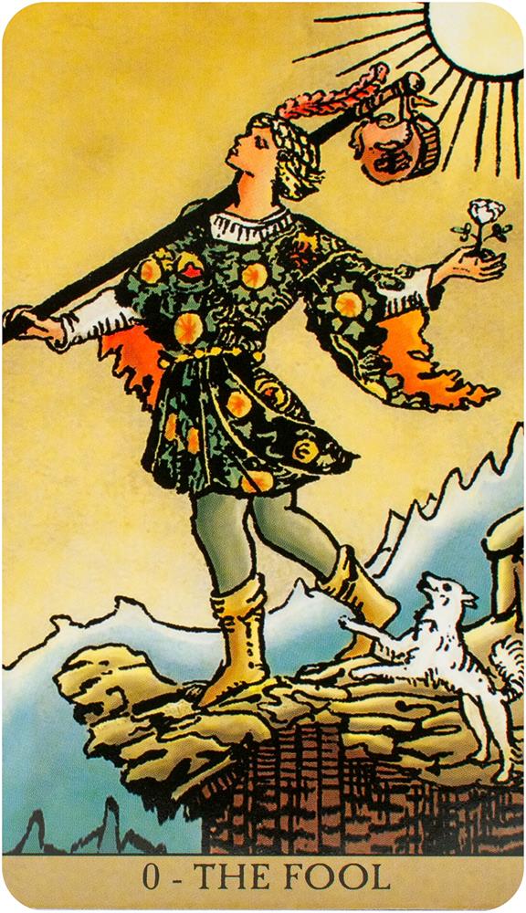 The Fool card with traveller and dog in vintage style, Radiant Wise Spirit Tarot — Eternal Spirit
