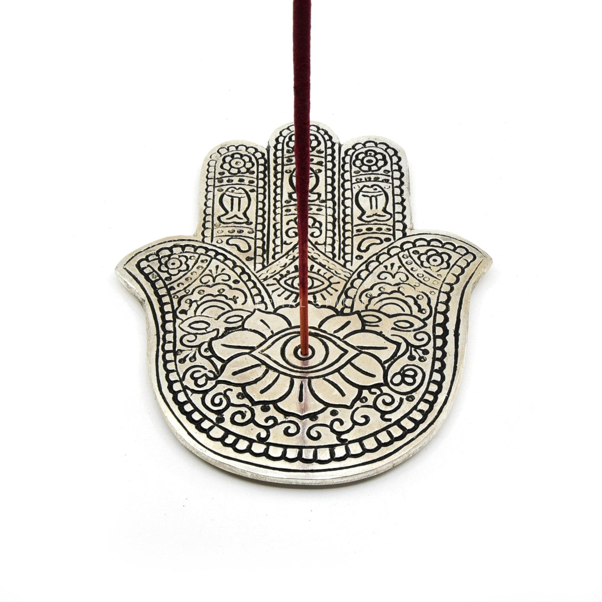Aluminium "Hamsa Hand" incense holder, detail view — Eternal Spirit