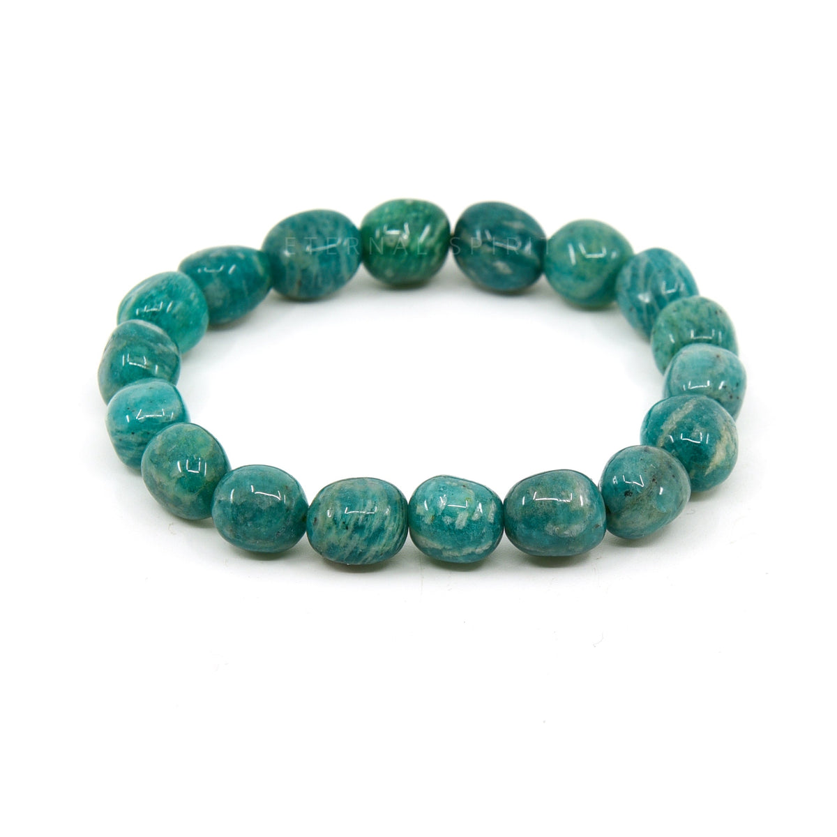 polished Amazonite tumbled round bead bracelet on white background — Eternal Spirit