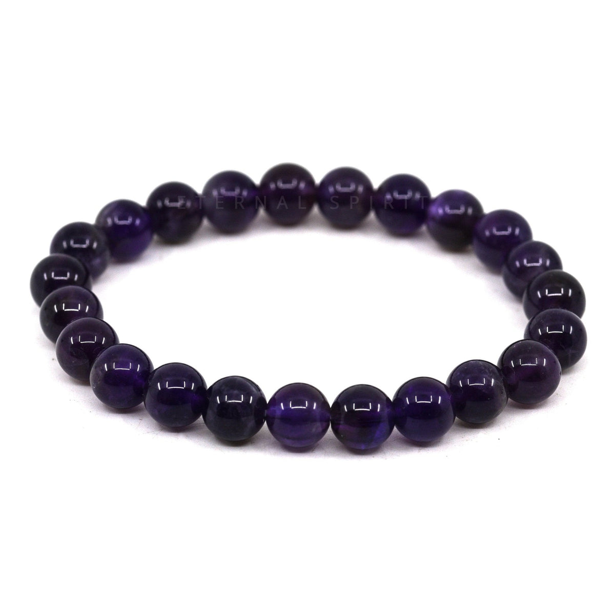 polished Amethyst 8mm round bead bracelet on white background — Eternal Spirit