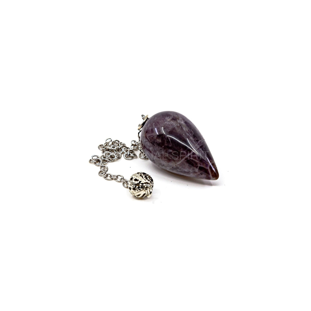 Close-up of Amethyst teardrop pendulum, violet stone detail — Eternal Spirit