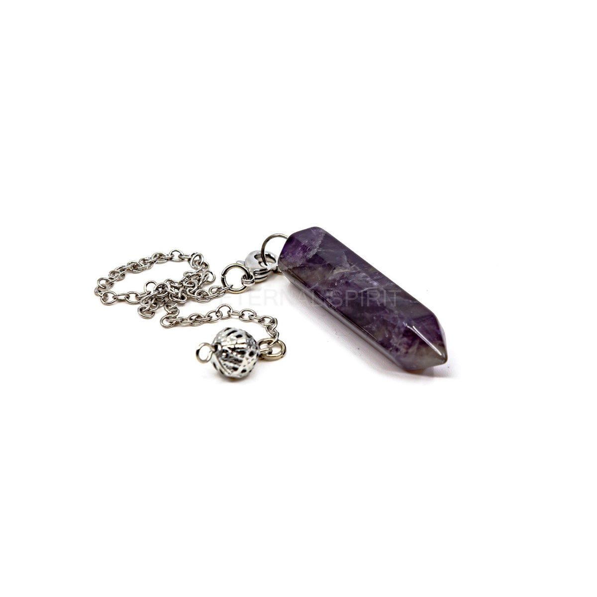 Close-up of Amethyst generator point pendulum, violet stone detail — Eternal Spirit