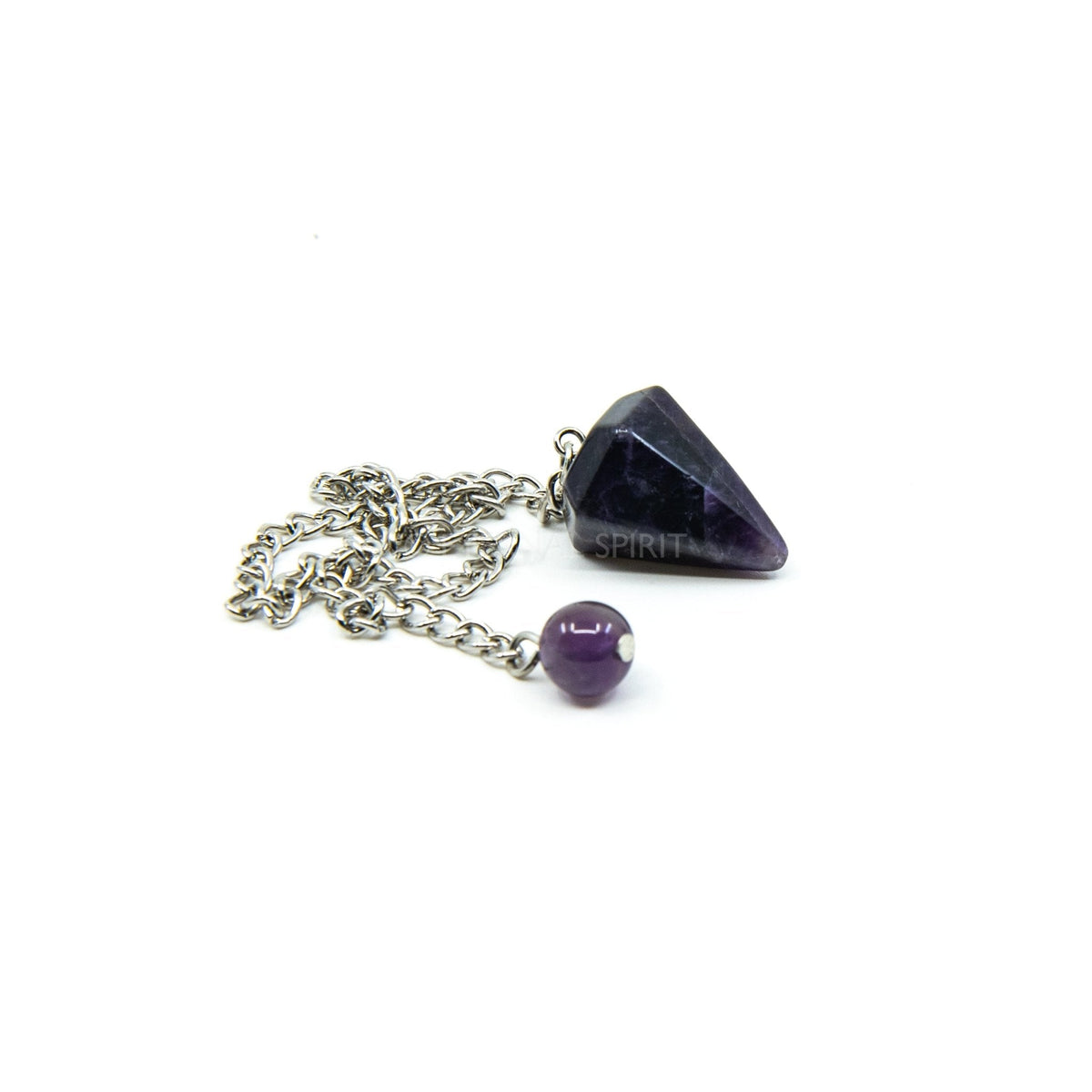 Close-up of Amethyst small faceted pendulum, violet stone detail — Eternal Spirit