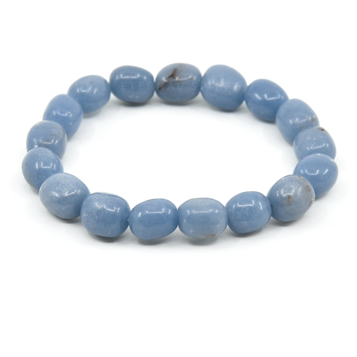 polished Angelite tumbled round bead bracelet on white background — Eternal Spirit