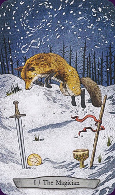 The Magician card with snow-scene wolf and mystical tools, Animal Totem Tarot — Eternal Spirit