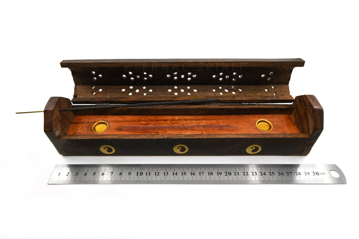 Natural wooden Flower Of Life incense box, carved lid — Eternal Spirit