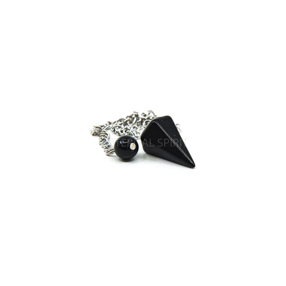 Close-up of Onyx (Black) small faceted pendulum, sleek black stone detail — Eternal Spirit