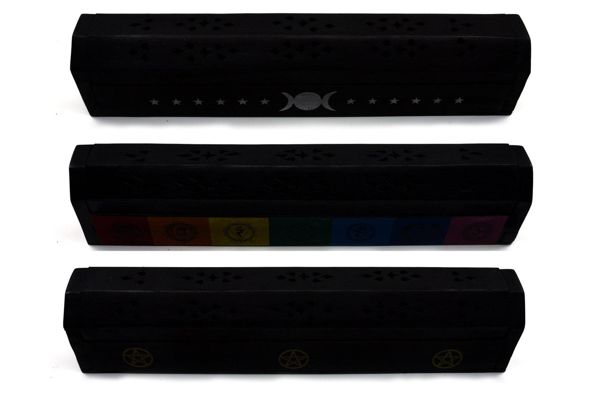 Black wooden Chakra incense box, carved lid — Eternal Spirit