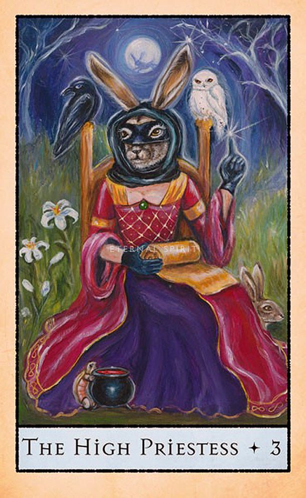 The High Priestess card with owl in witch hat, Bohemian Animal Tarot — Eternal Spirit