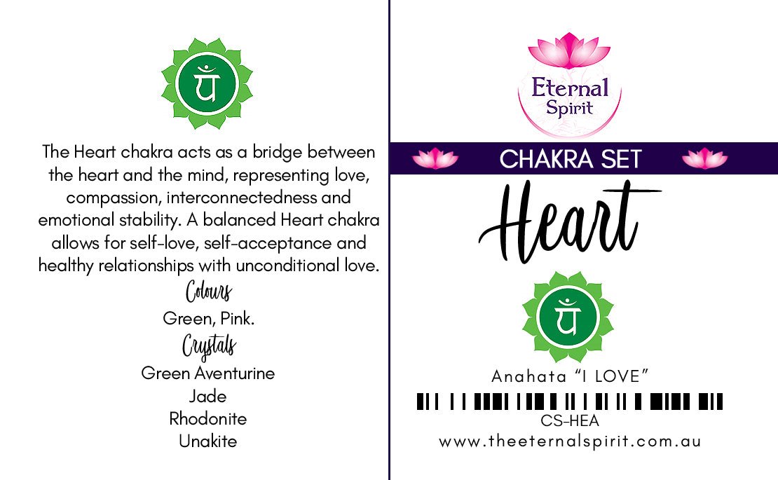 Tumbled crystals from Heart chakra set, stones displayed — Eternal Spirit