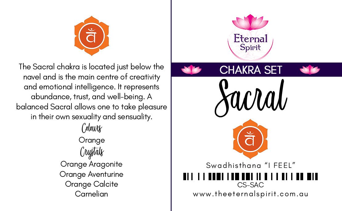 Tumbled crystals from Sacral chakra set, stones displayed — Eternal Spirit