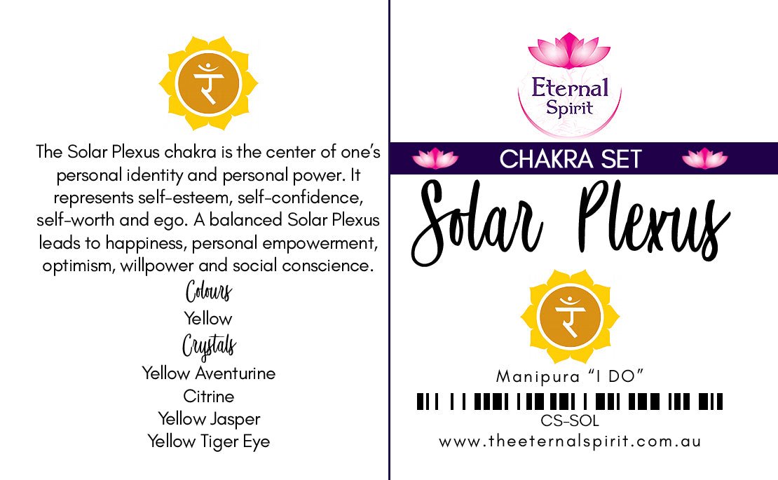 Tumbled crystals from Solar Plexus chakra set, stones displayed — Eternal Spirit