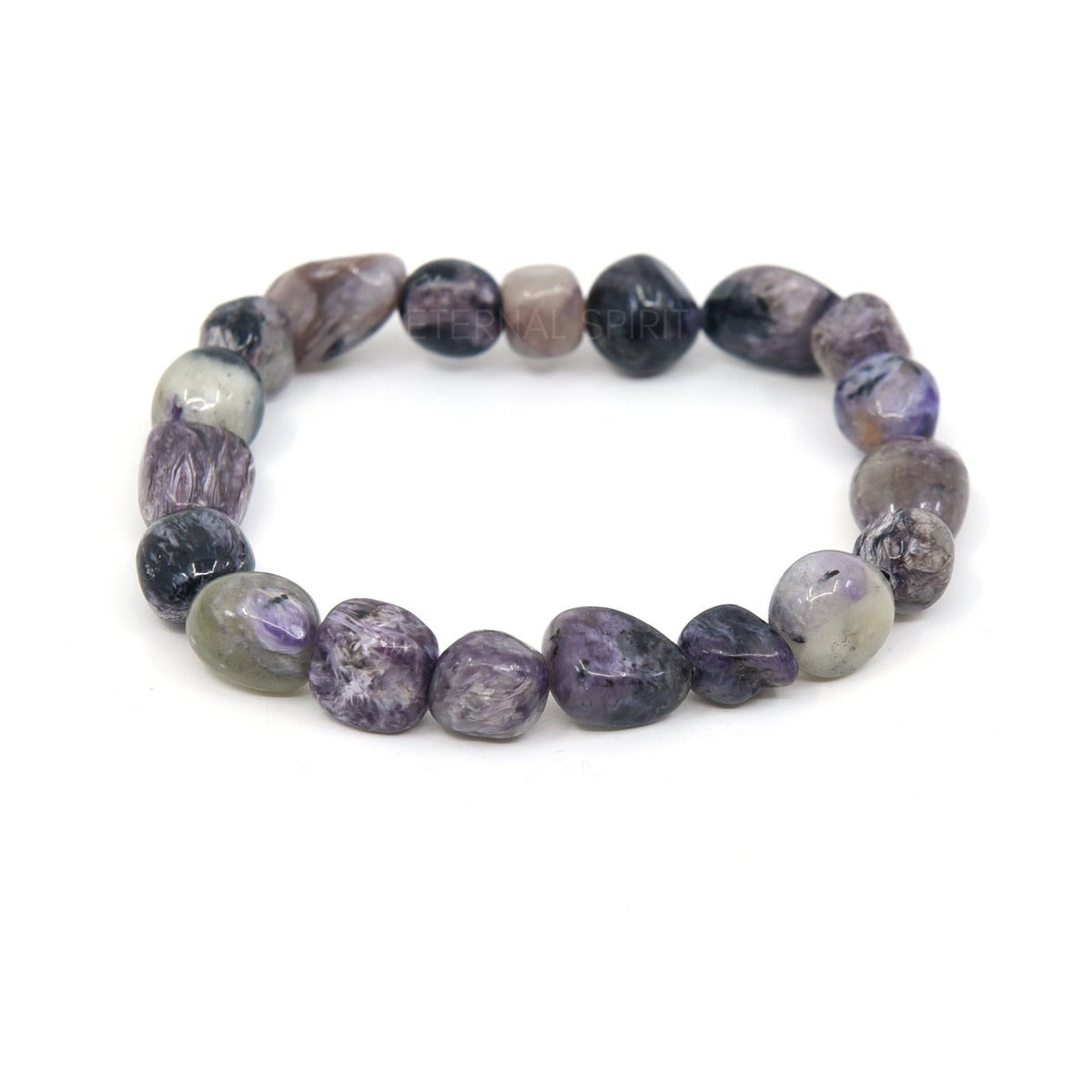 polished Charoite tumbled round bead bracelet on white background — Eternal Spirit